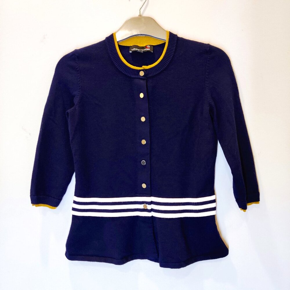 Laura Petites Navy Blue Button-Up Cardigan with Yellow Trim & Striped Waist | XS